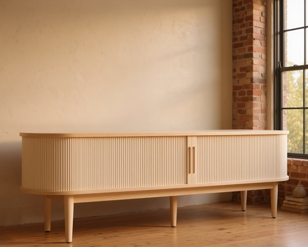 Oak Fluted 70-Inch TV Stand with Tambour Door in a warm loft interior with natural window light.