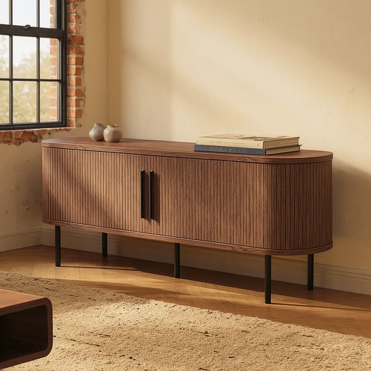 Walnut 59-Inch Tambour TV Stand with Storage in a warm loft interior with natural window light