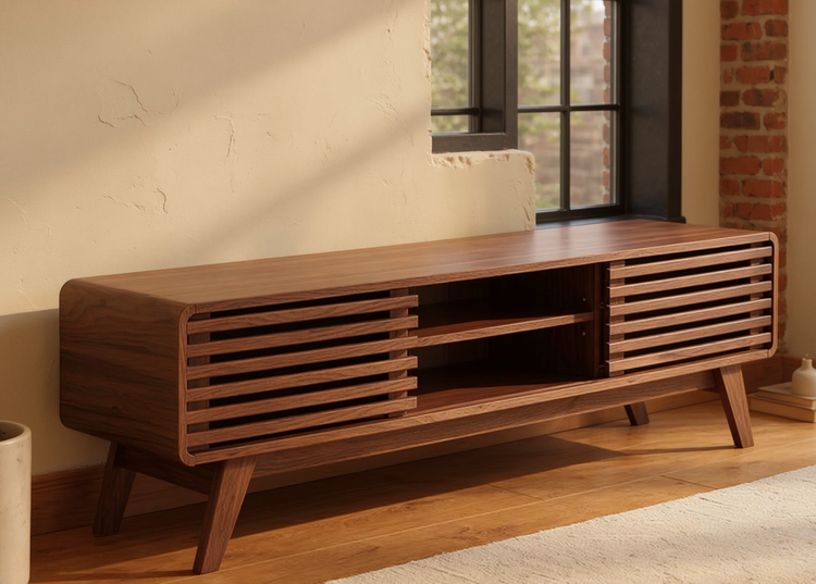 Walnut 59-Inch Mid-Century TV Stand with Storage beside a sunlit loft window, showing slatted doors and open shelves