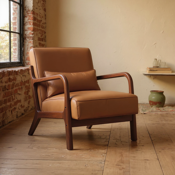 PU Leather Mid-Century Accent Armchair in a warm sunlit loft.