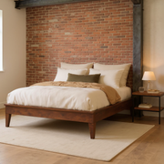 Full Size Dark Brown Platform Bed Frame Durable Quality in a warm brick and steel loft bedroom with ivory bedding and a flat oatmeal rug.