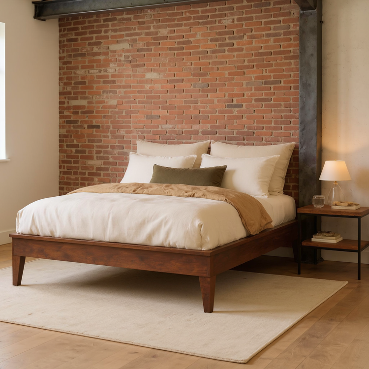 Full Size Dark Brown Platform Bed Frame Durable Quality in a warm brick and steel loft bedroom with ivory bedding and a flat oatmeal rug.