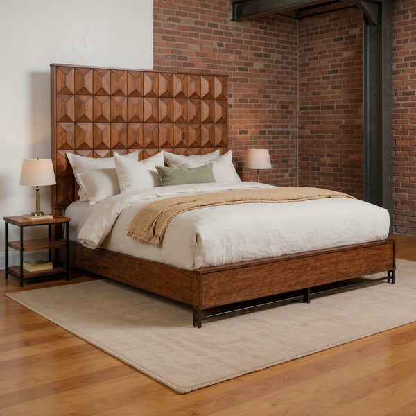 Geometric Panel Wood Bed Frame with ivory bedding in a brick and steel loft bedroom with a flat oatmeal rug.