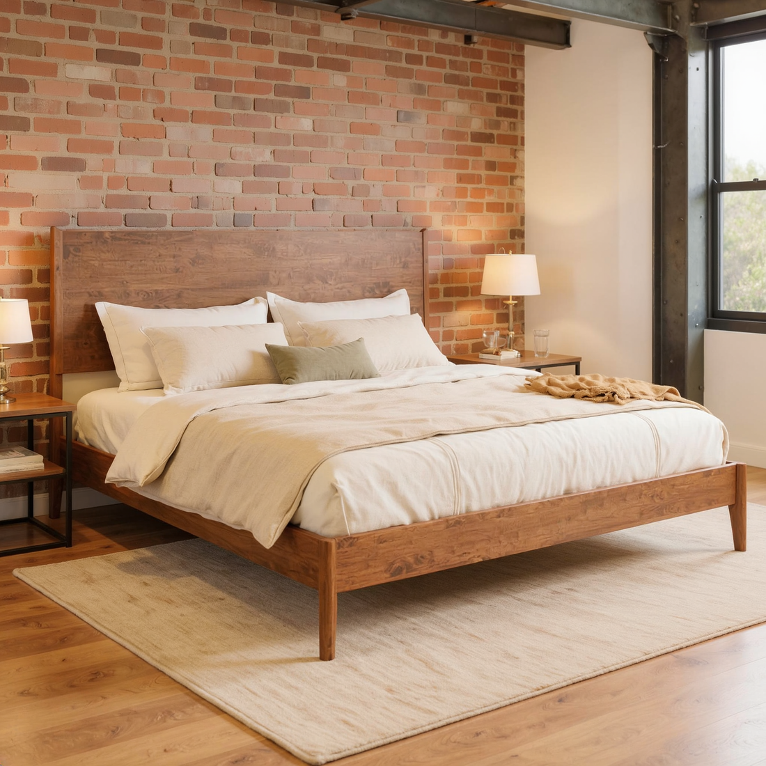 Mid-Century Wood Bed Frame with ivory bedding and a camel throw, shown at an angle in a warm brick and steel loft bedroom with a flat oatmeal rug.