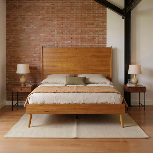 Honey wood platform bed with ivory bedding, olive pillow and camel throw in a brick and steel loft bedroom with a completely flat oatmeal rug.