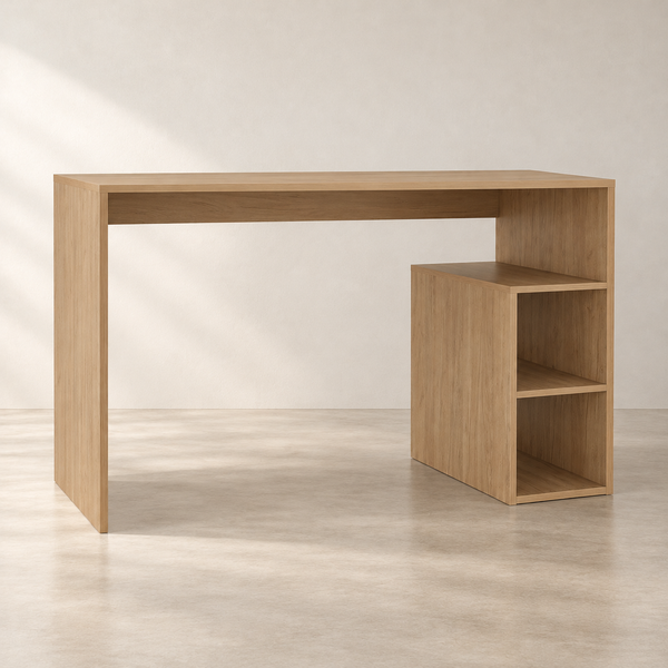 Oak-grain desk with integrated open side shelves against a clean off-white wall