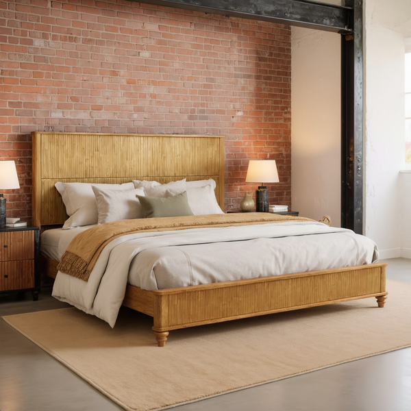 Reeded Wood Platform Bed Frame with ivory bedding, an olive pillow and camel throw in a brick and steel loft bedroom with a flat oatmeal rug.