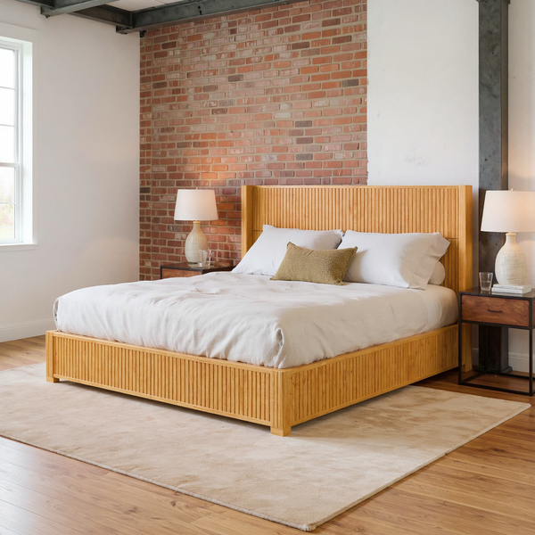 Reeded Wood Platform Bed Frame King with ivory bedding, an olive pillow and camel throw in a brick and steel loft bedroom with a flat oatmeal rug.