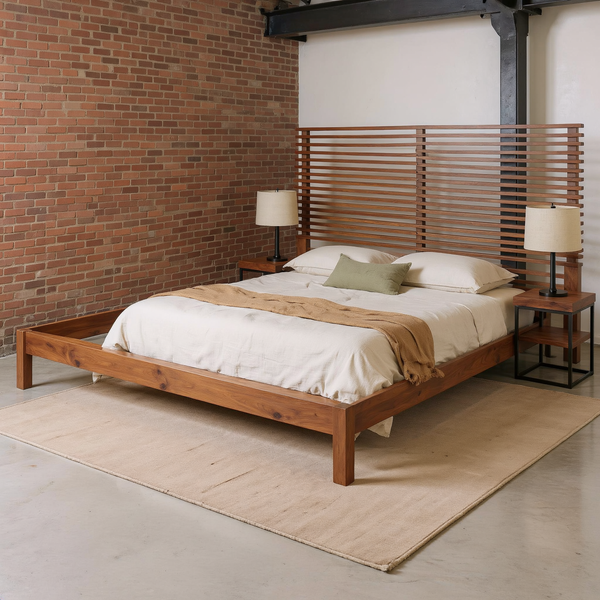 Slatted Walnut King Bed Frame with Headboard styled with ivory bedding in a brick and steel loft bedroom with a flat oatmeal rug.