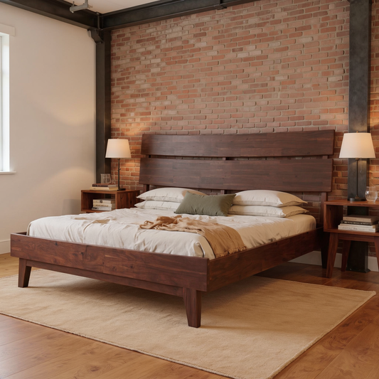 Slatted Wood-Grain Platform Bed Frame with ivory bedding and a camel throw, shown at an angle in a warm brick and steel loft bedroom with a flat oatmeal rug