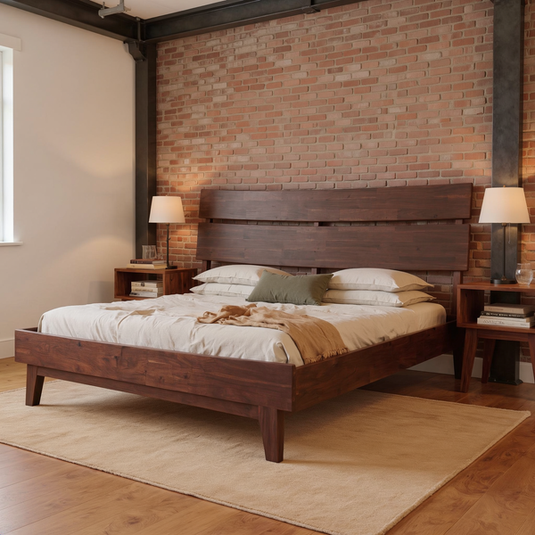 Slatted Wood-Grain Platform Bed Frame with ivory bedding and a camel throw, shown at an angle in a warm brick and steel loft bedroom with a flat oatmeal rug.