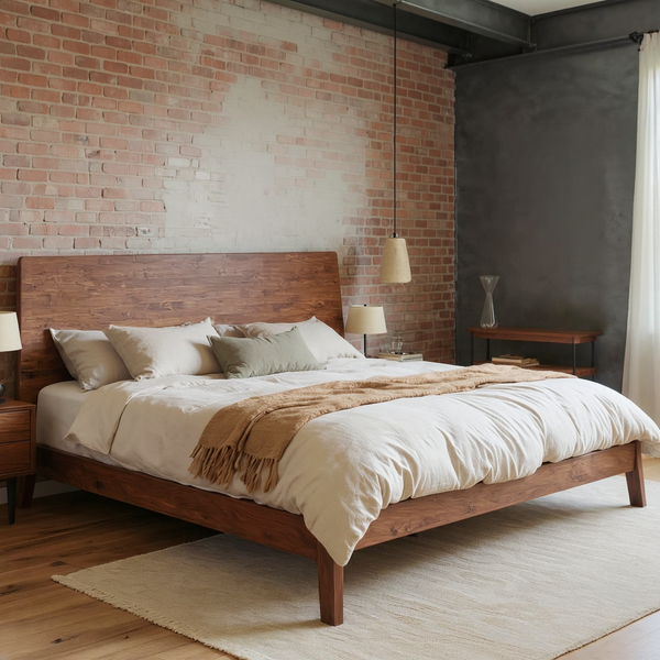 Solid Wood Platform Bed Frame with ivory bedding, an olive pillow and camel throw in a brick and steel loft bedroom with a flat oatmeal rug.