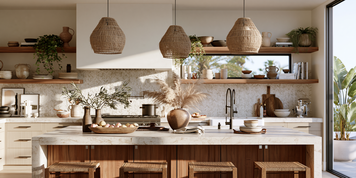 Artisan kitchen vignette with woven pendants, ceramic bowls and warm wood details