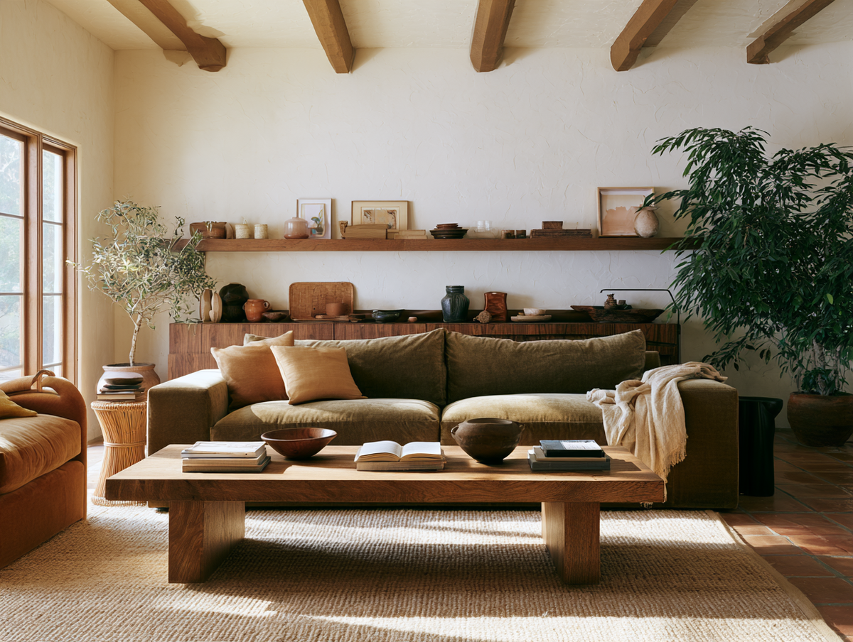 Boho living room with a relaxed olive sofa, rustic wood table and collected ceramics