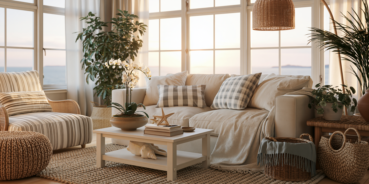 Coastal living room with striped upholstery, woven textures and an airy seaside palette