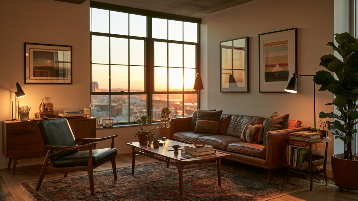 Mid-Century Modern living room with leather seating and wood furniture in warm evening light