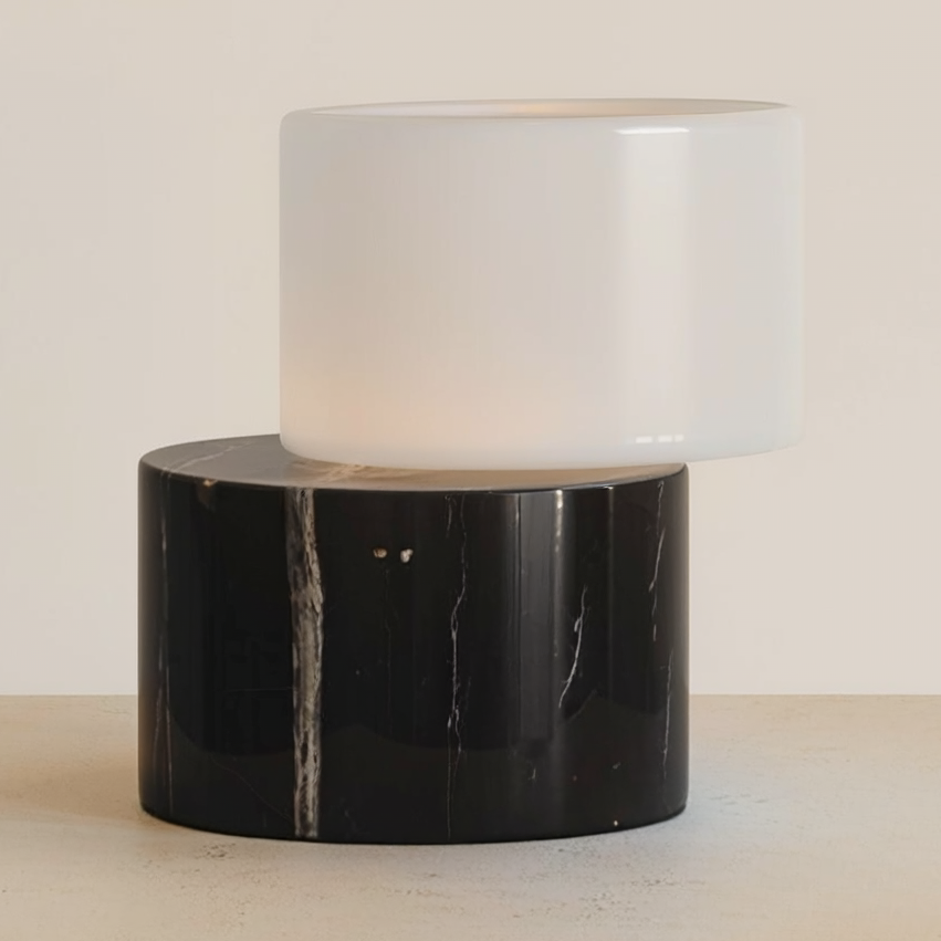 Opal Glass Marble Base Table Lamp on a neutral concrete tabletop