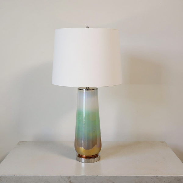 Iridescent Glass Column Table Lamp on a neutral tabletop