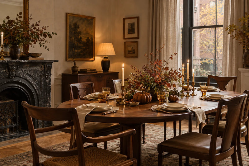 An autumn dining table with ivory plates, linen, and warm candlelight