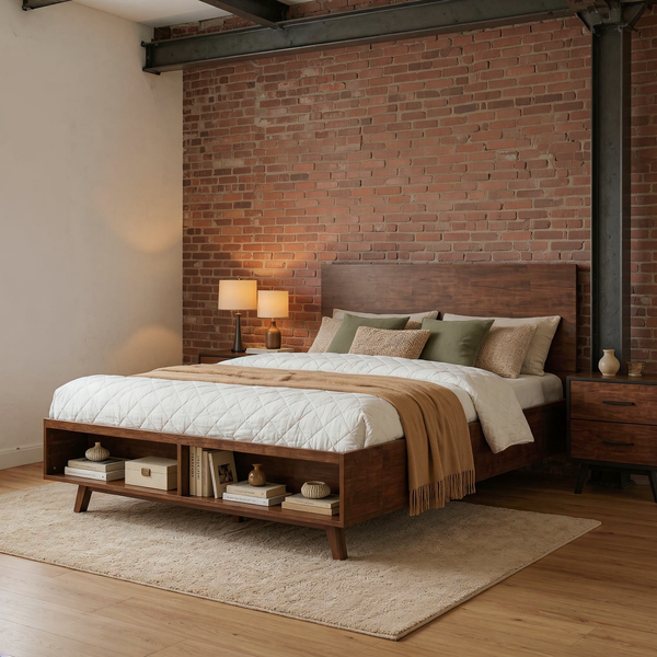 Walnut Platform Queen Bed Frame with Footboard Storage styled with ivory bedding in a brick and steel loft bedroom with a flat oatmeal rug.