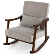Upholstered Wood Rocking Armchair styled on a sunlit patio with side table