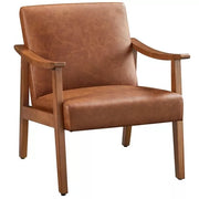 Wood-Frame Leather-Look Accent Armchair styled on a sunlit patio with side table