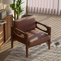 Leather-Upholstered Mid-Century Lounge Chair — Open-arm lounge chair in cognac upholstery and dark wood-grain frame