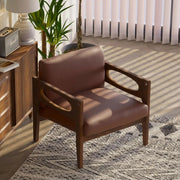 Leather-Upholstered Mid-Century Lounge Chair — Open-arm lounge chair in cognac upholstery and dark wood-grain frame