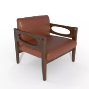 Leather-Upholstered Mid-Century Lounge Chair styled on a sunlit patio with side table