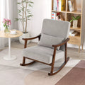 Upholstered Wood Rocking Armchair — Solid rubberwood rocker with woven linen-tone cushions and lumbar pillow