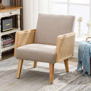 Rattan Cane Upholstered Accent Armchair — back and side profile detail