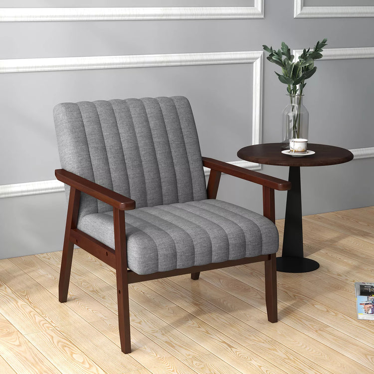 Channel-Tufted Grey Fabric Armchair — Channel-tufted grey fabric seat on a dark walnut-finish wood frame