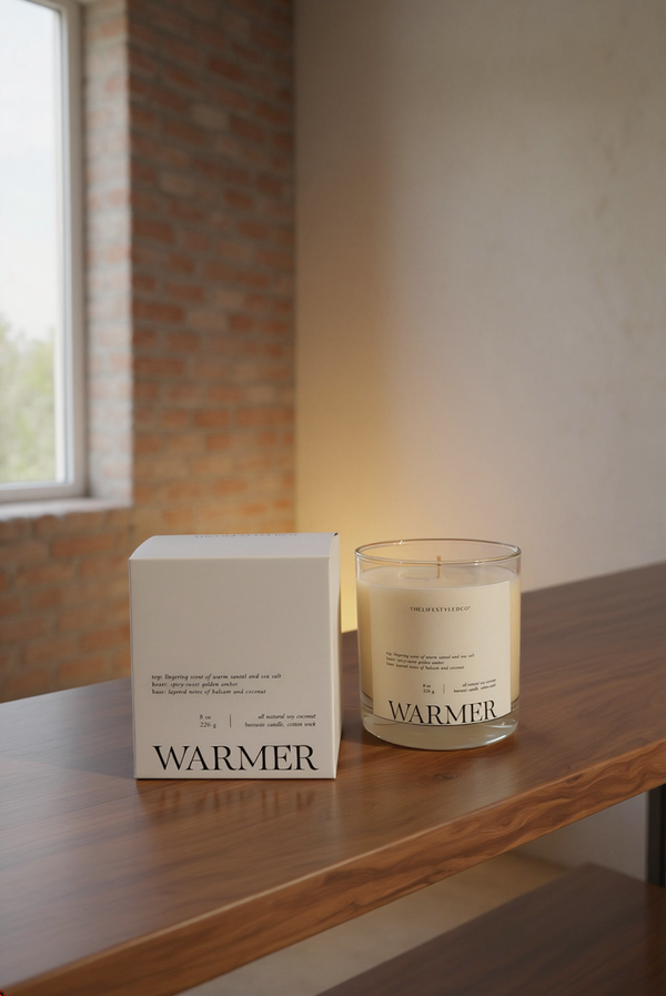 Santal Amber Soy Coconut Candle styled in a warm editorial loft