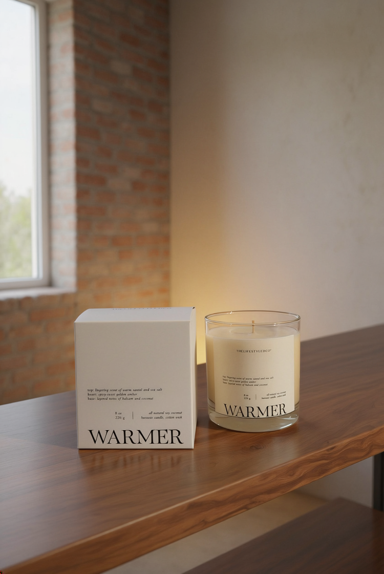 Santal Amber Soy Coconut Candle styled in a warm editorial loft