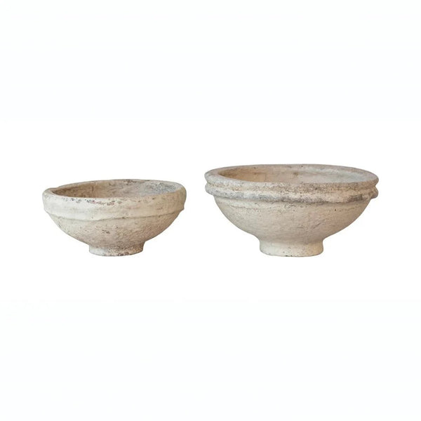 Set of 2 Found Decorative Paper Mâché Bowls – Aged White Finish — The Set of 2 Found Decorative Paper Mâché Bowls brings