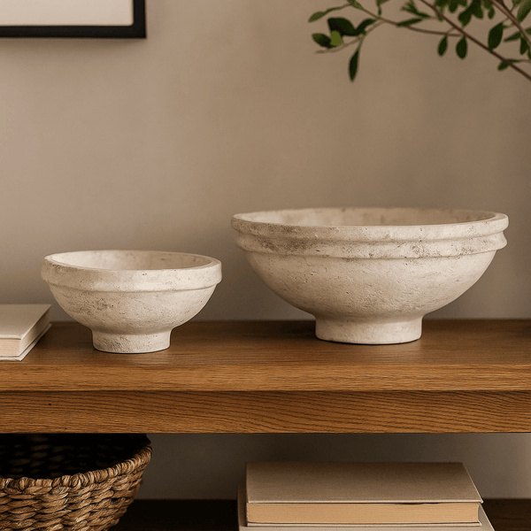 Set of 2 Found Decorative Paper Mâché Bowls – Aged White Finish styled on a kitchen counter with produce