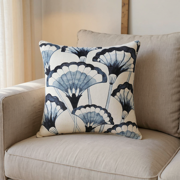 Slub Cotton Printed Throw Pillow in a close view on coordinated upholstered seating