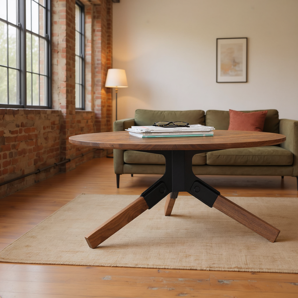 Solid walnut round coffee table with black steel bracket and splayed walnut legs in a sunlit brick loft