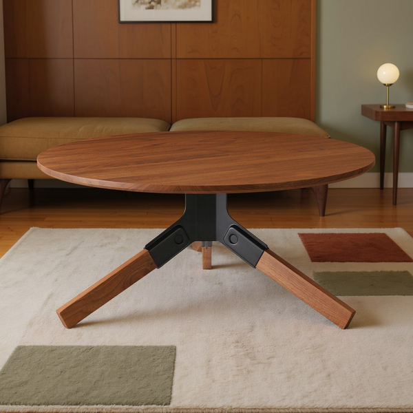 Round walnut coffee table with black steel bracket and splayed walnut legs in a mid-century modern living room with an ochre sofa and geometric wool rug.