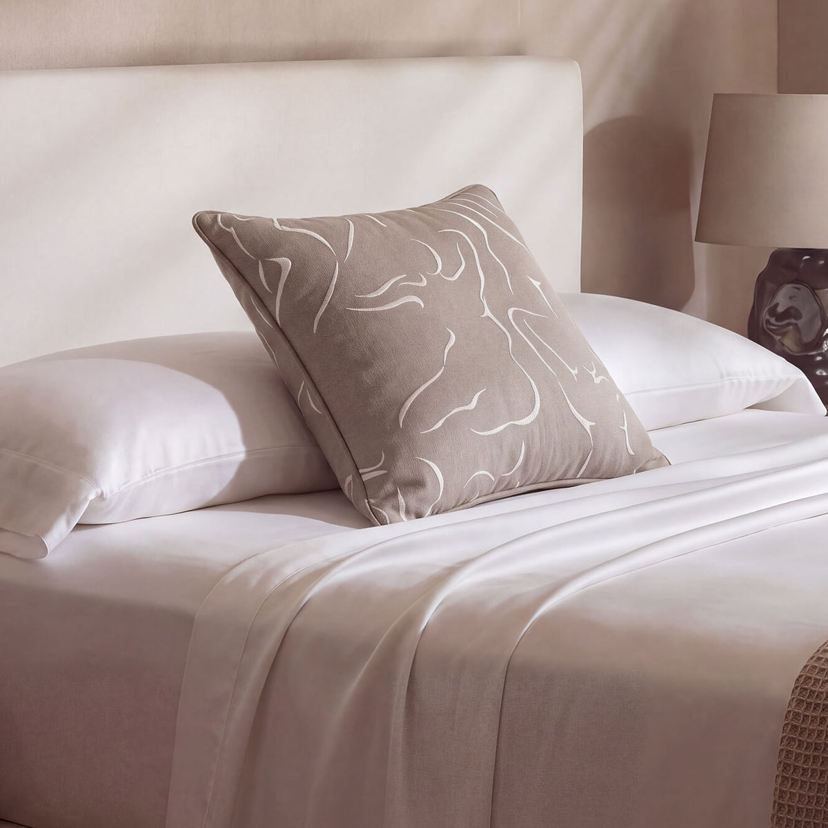 Taupe Embroidered Cotton Throw Pillow, 22 x 22 in