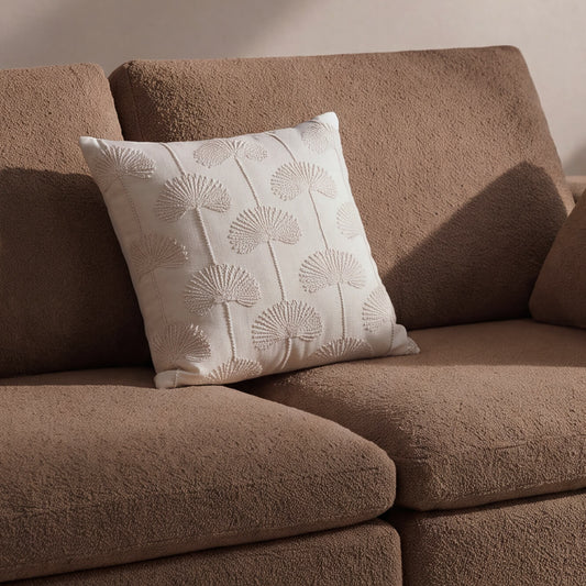 Off-White Palm Leaf Embroidered Cotton Pillow, 22 in