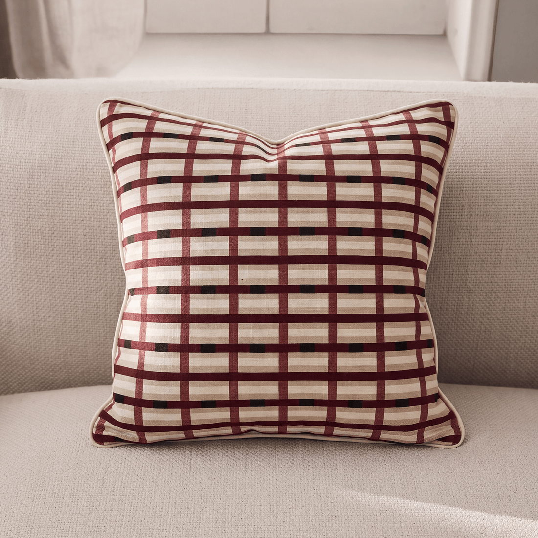Burgundy & Ivory Grid Cotton Throw Pillow, 22 x 22 in