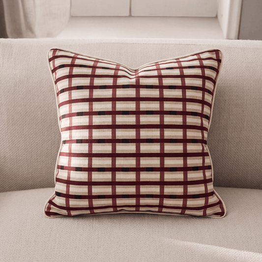 Burgundy & Ivory Grid Cotton Pillow with Insert, 22 in