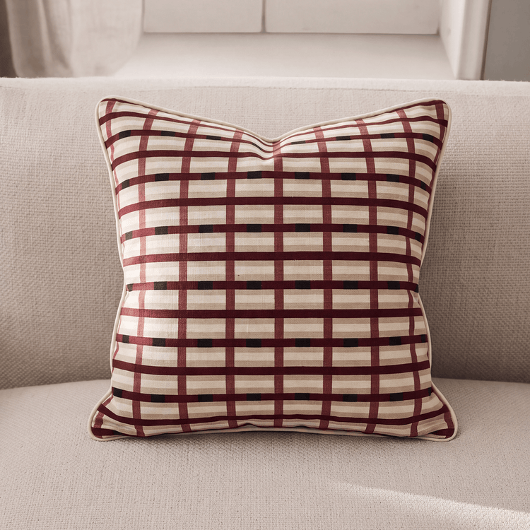 Burgundy & Ivory Grid Cotton Throw Pillow, 22 x 22 in