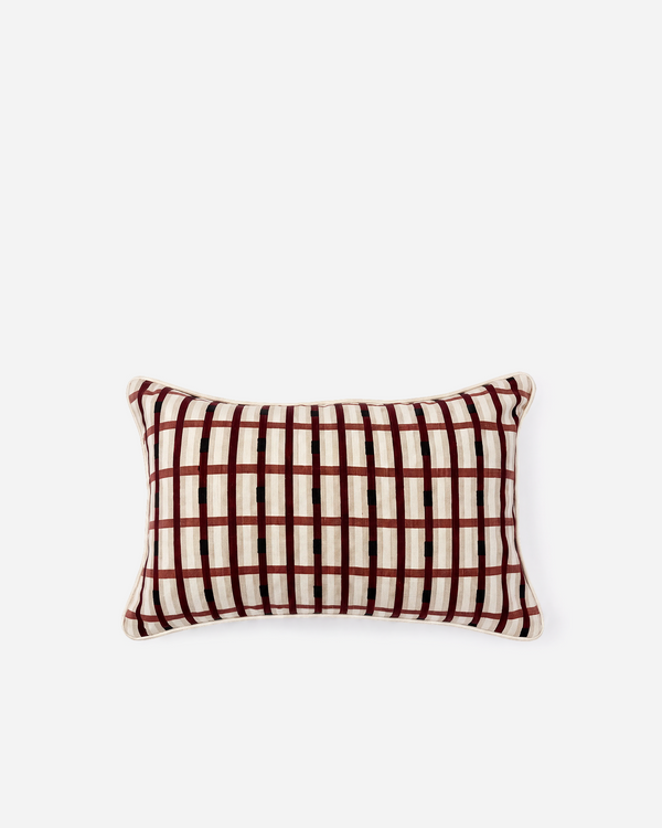 Burgundy & Ivory Grid Cotton Lumbar Pillow, 22 x 14 in