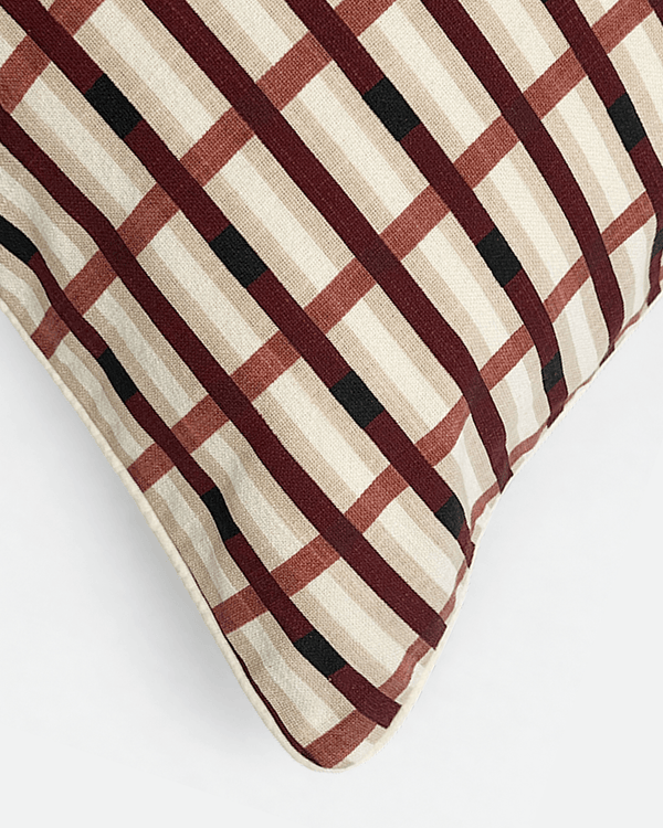 Burgundy & Ivory Grid Cotton Lumbar Pillow, 22 x 14 in