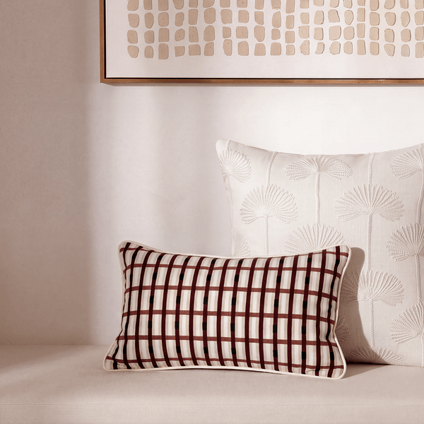 Burgundy & Ivory Grid Cotton Lumbar Pillow, 22 x 14 in