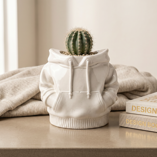 Back view of Gypsum White Hoodie Planter