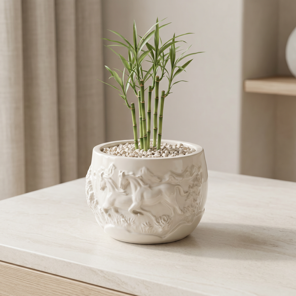 Bas-Relief Horse Gypsum Planter in a styled room setting
