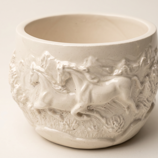Close-up detail of Bas-Relief Horse Gypsum Planter